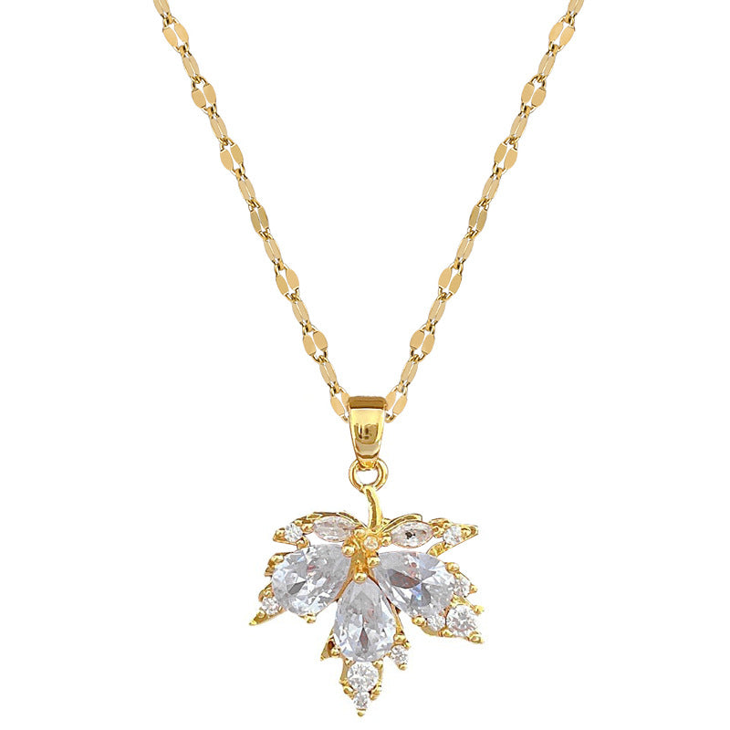 Maple Leaf Crystal Zircon Necklace & Earring Set Gold Plated (Pack of 2)