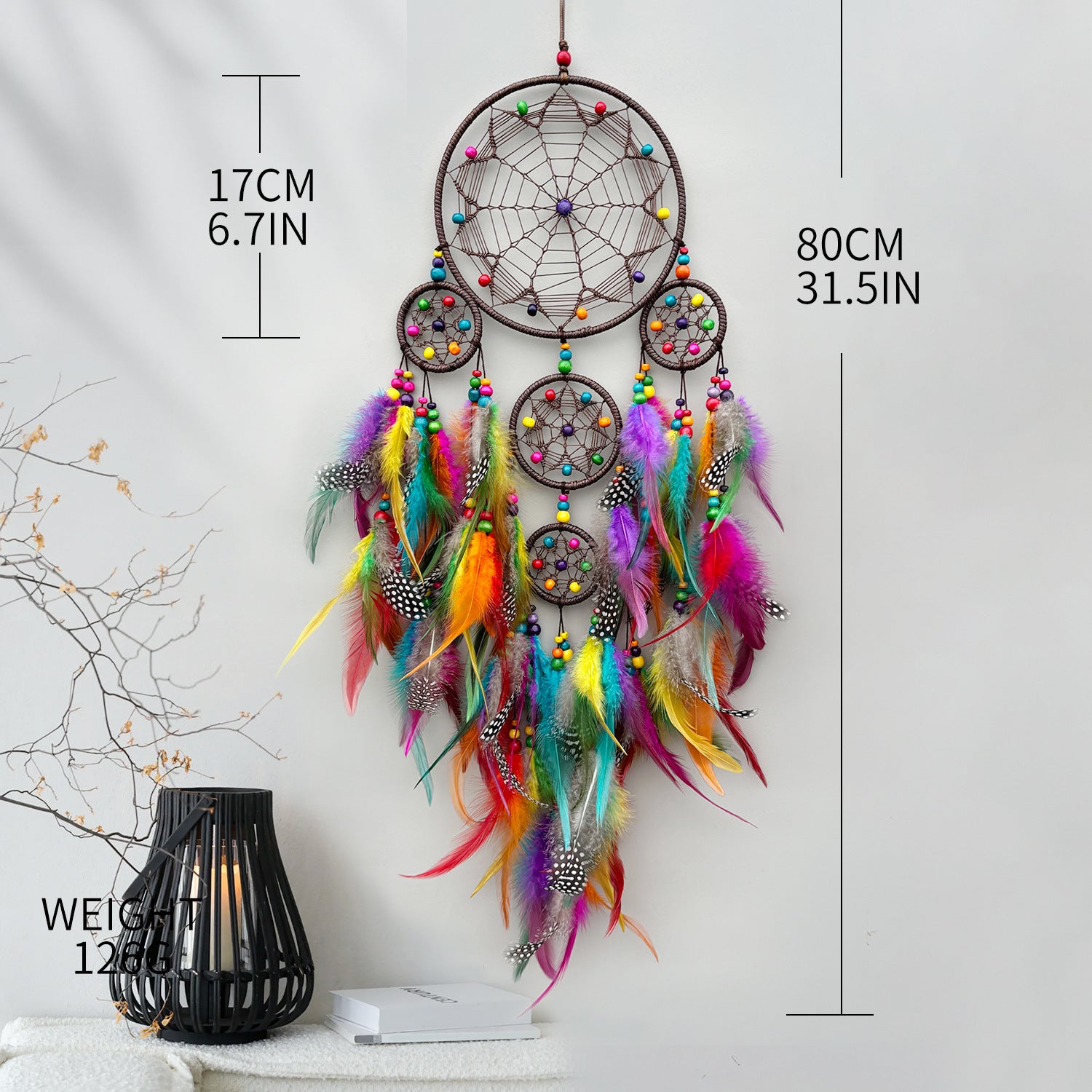 Tribal Mark dream catcher – multicolour with size dimensions: 17cm hoop, 80cm tall