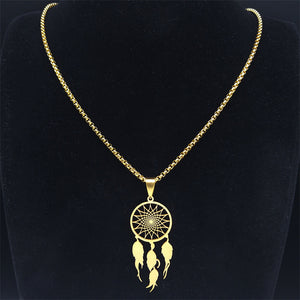 Gold dream catcher necklace size diagram – 60cm chain, 45mm × 20mm pendant, stainless steel