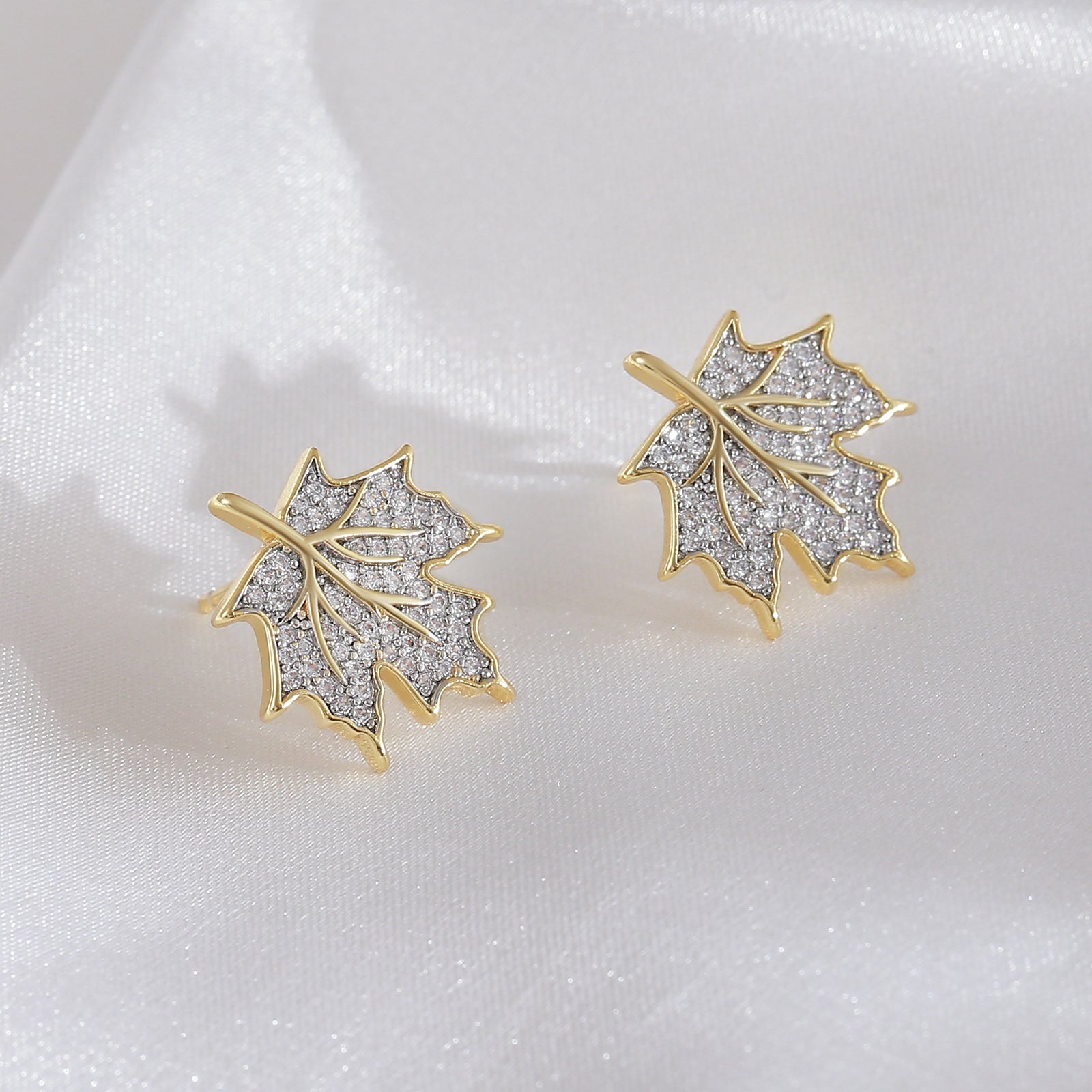 Maple Leaf Zircon Pavé 3-Layer Gold Plated Copper Stud Earrings (Pack of 3)