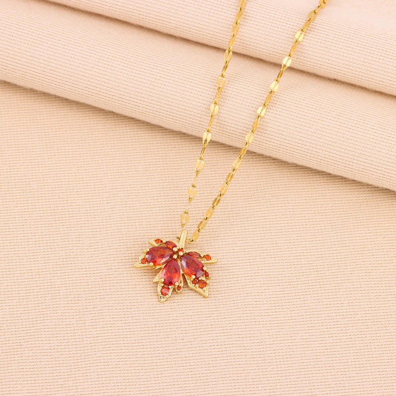 Red CZ Maple Leaf Titanium Steel Pendant Necklace (Pack of 3)