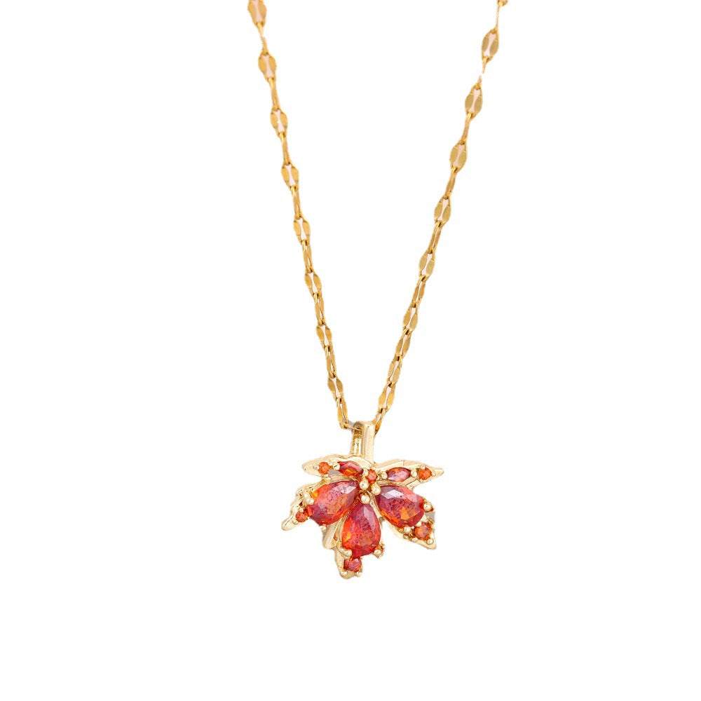 Red CZ Maple Leaf Titanium Steel Pendant Necklace (Pack of 3)