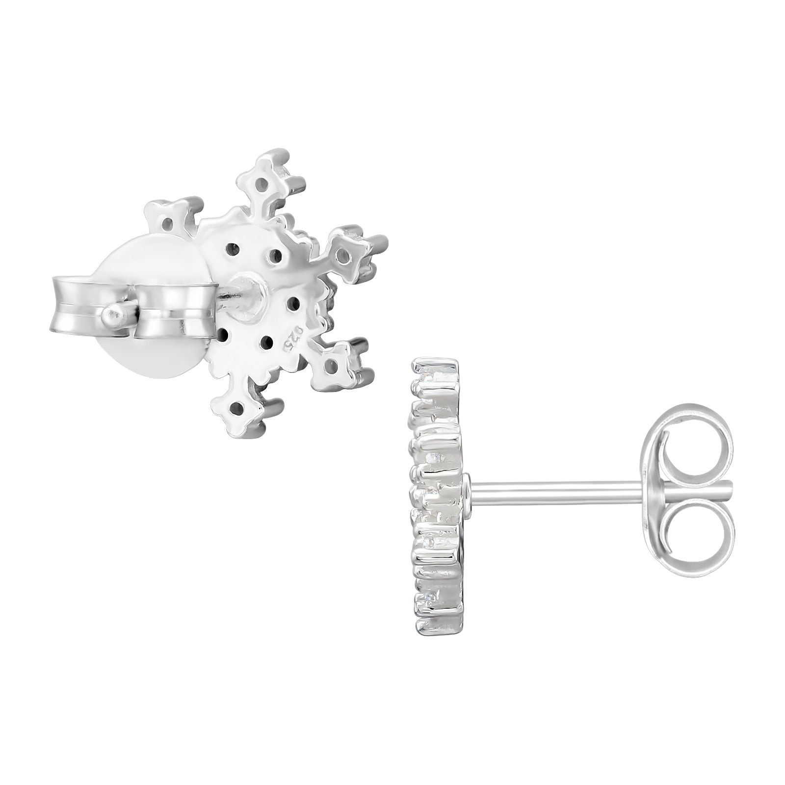 9mm Snowflake Sterling Silver Ear Studs with Cubic Zirconia (Pack of 3)