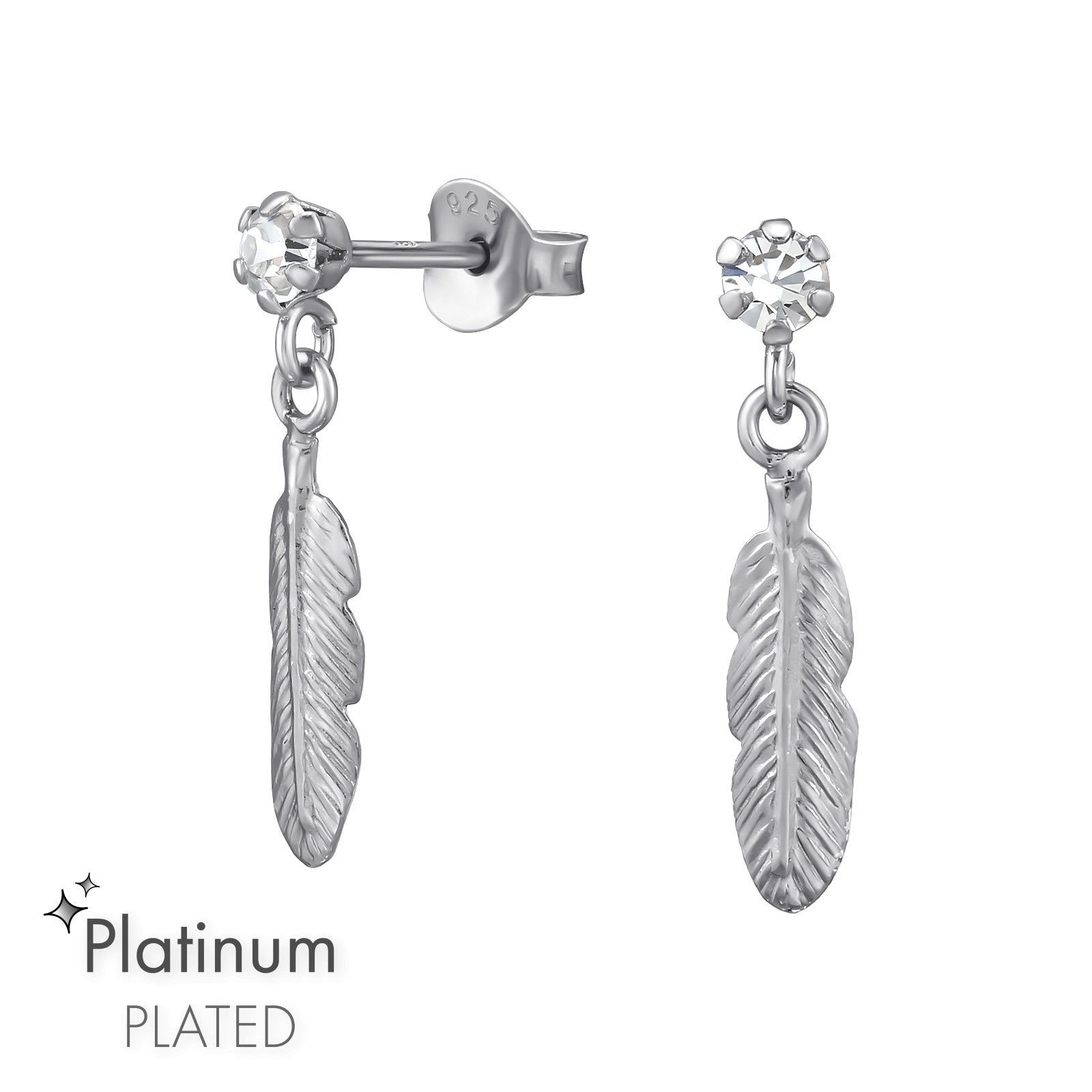 Platinum Plated Crystal Feather Drop Sterling Silver Ear Studs