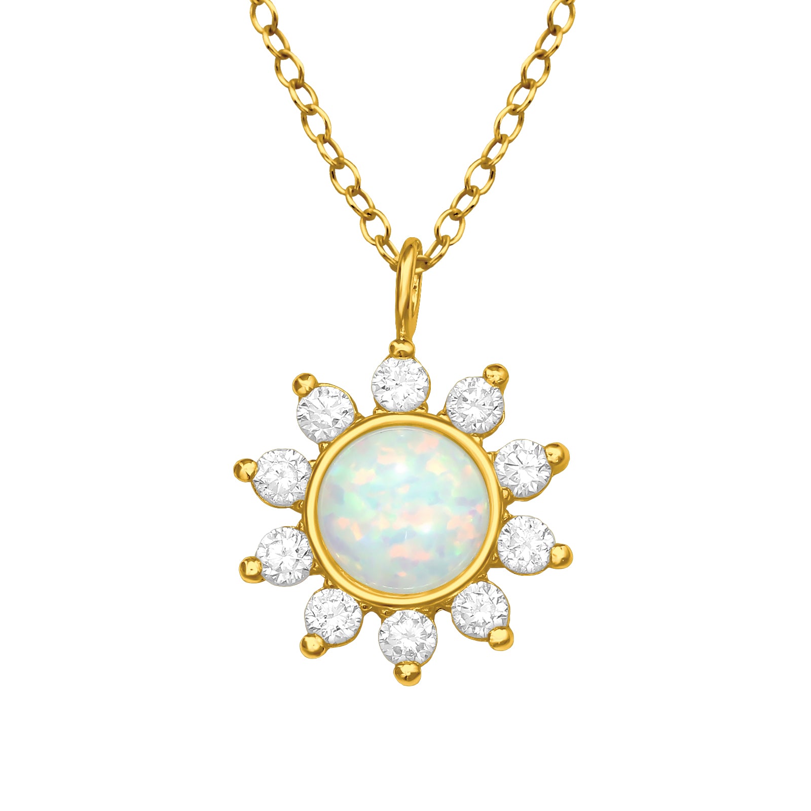 Beautiful Sunburst Necklace with Cubic Zirconia and Synthetic Opal (Rhodium Plated) - Available in Silver or Gold