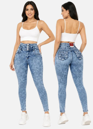 Woman wearing acid-wash jeans from front and back views on a white background