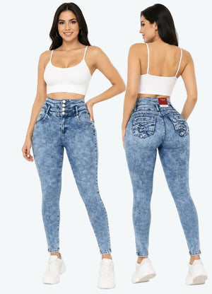 Woman wearing acid-wash jeans from front and back views on a white background
