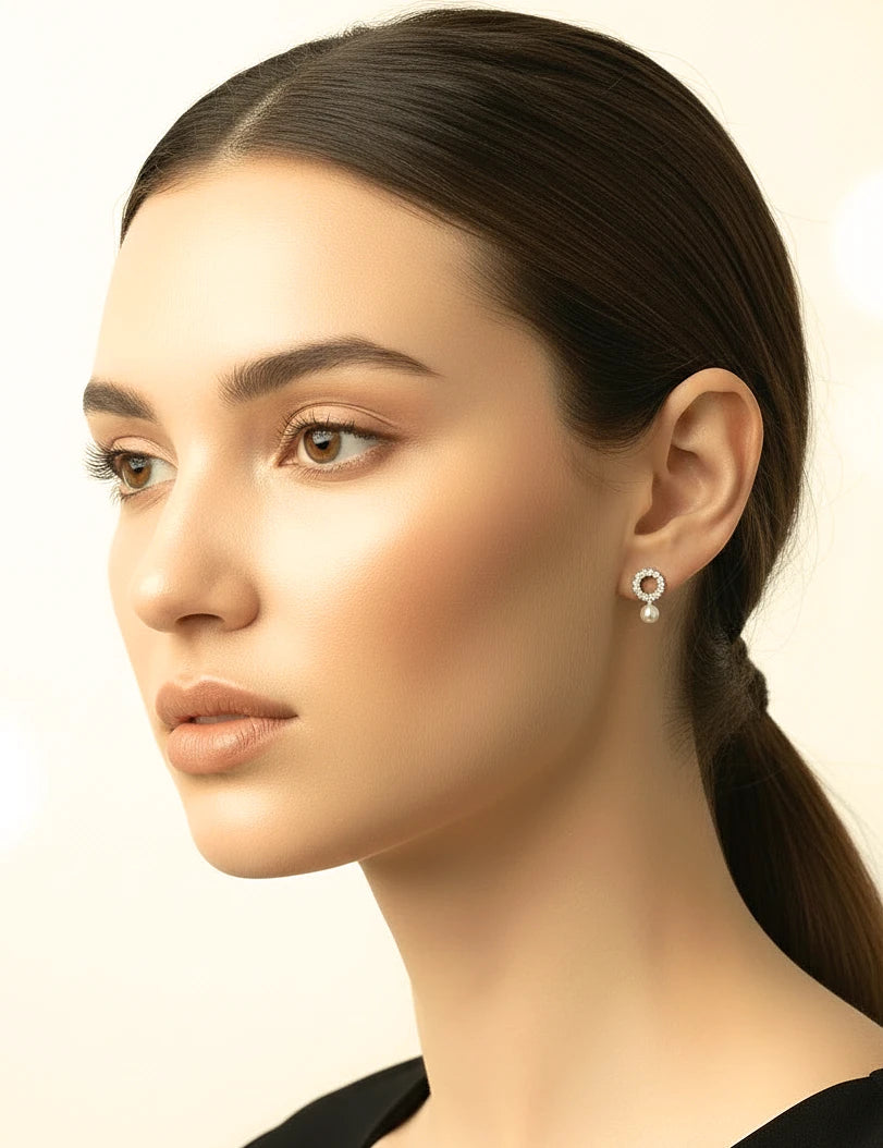 Circle Sterling Silver Ear Studs with Cubic Zirconia and Imitation Pearl