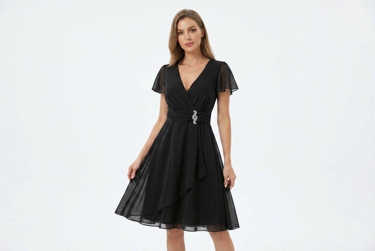 Chiffon Wrap Midi Dress with Flutter Sleeves and Rhinestone Brooch