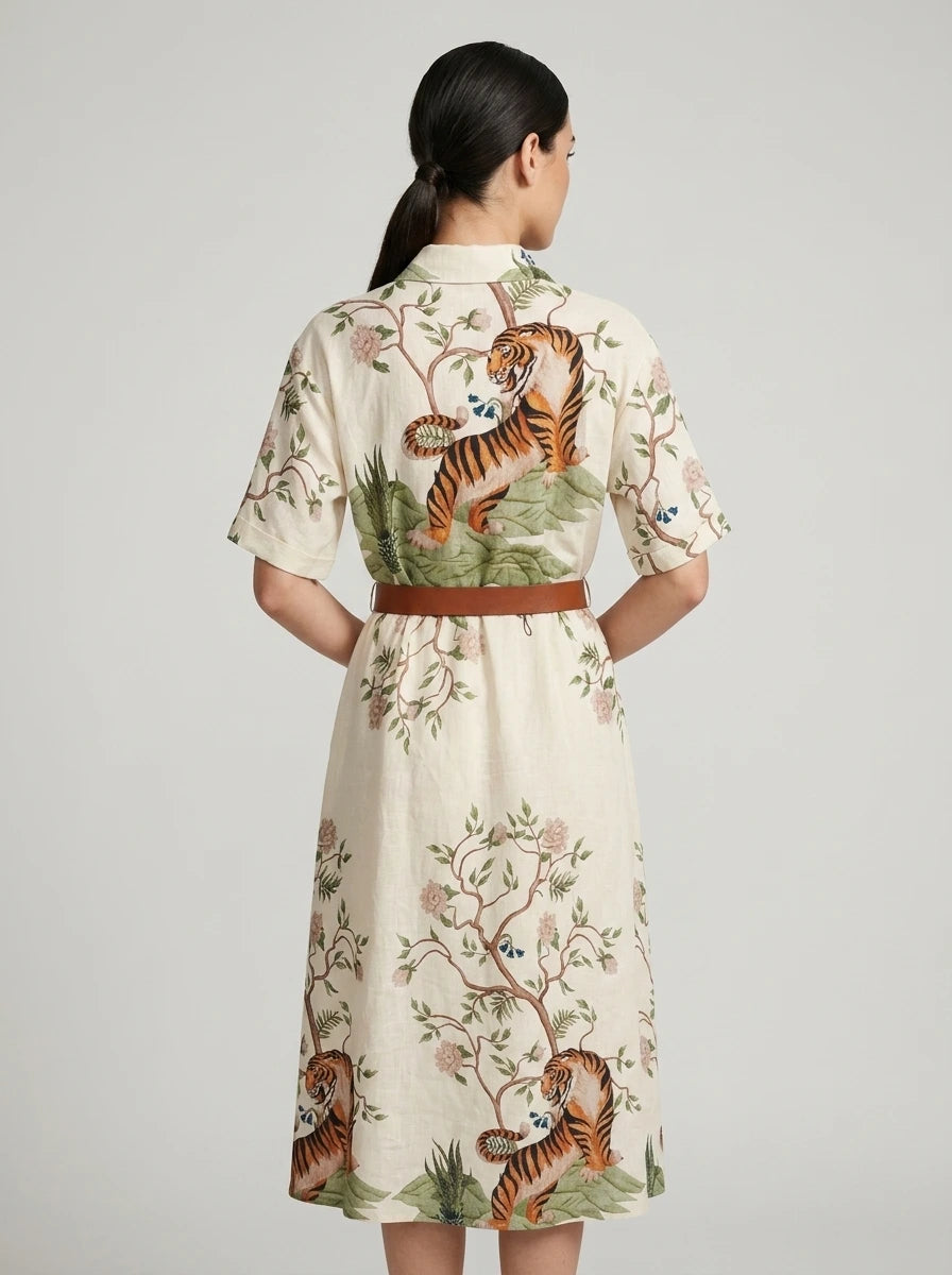 Tiger Botanical Print Belted Shirt Midi Dress