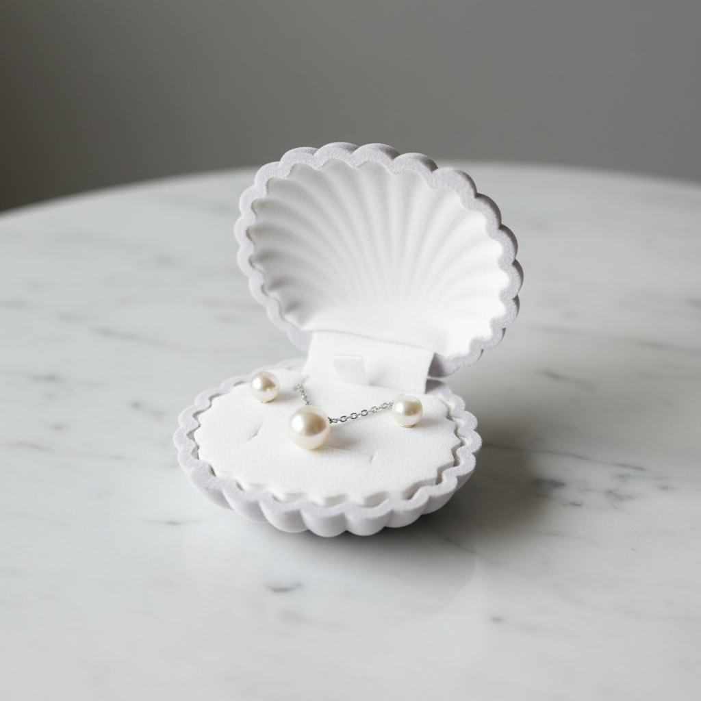 Pearl & 18K White Gold Plated Jewellery Gift Set in Shell Box