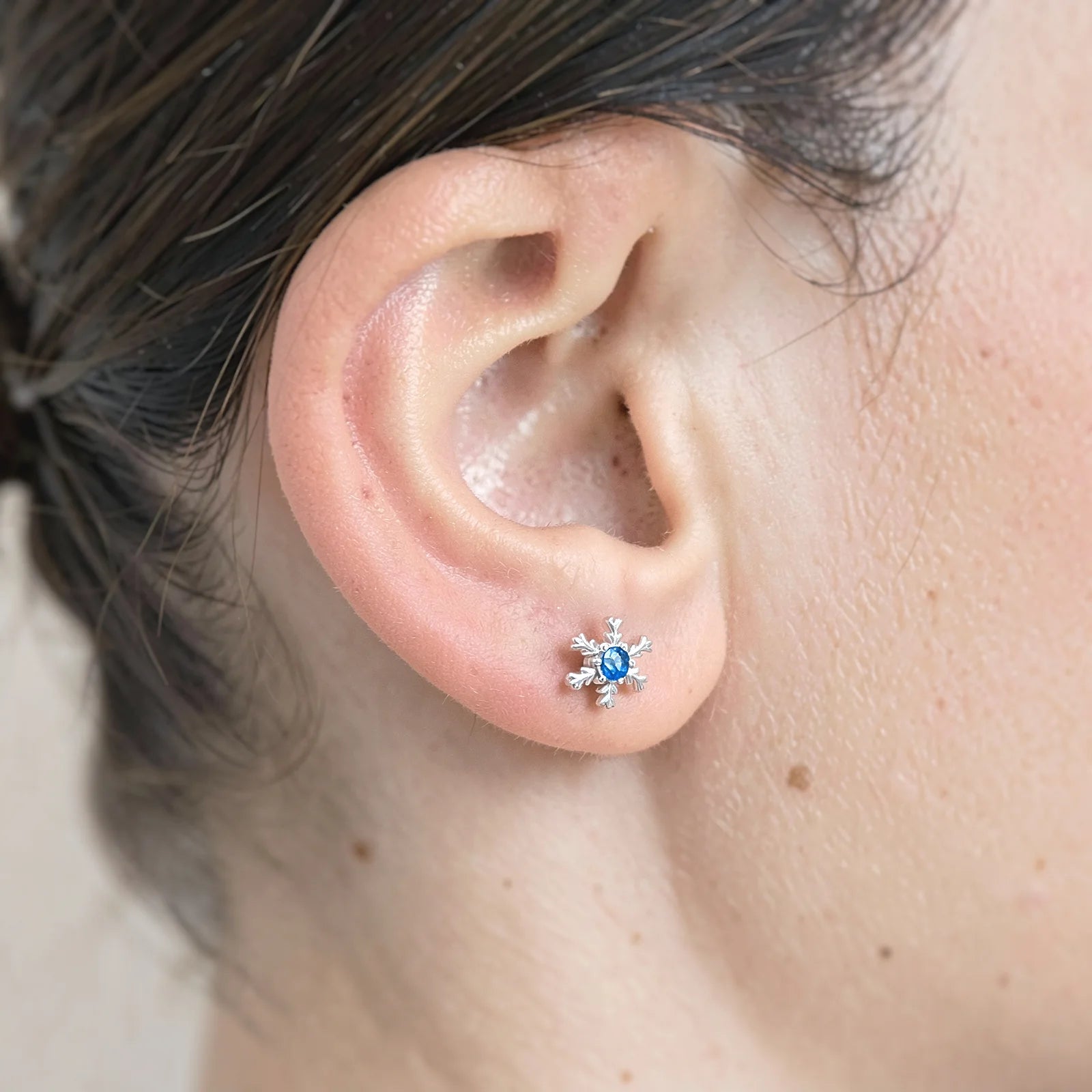 Snowflake Sterling Silver Ear Studs with CZ Swiss Blue Topaz