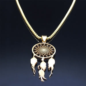 Gold dream catcher necklace on black velvet bust – full chain view