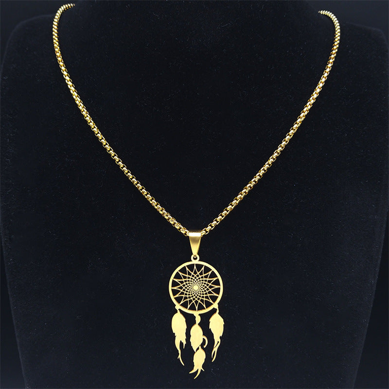 Gold dream catcher necklace size diagram – 60cm chain, 45mm × 20mm pendant, stainless steel
