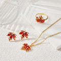 Vintage Maple Leaf Three-Piece Jewelry Set - Necklace, Earrings and Ring in Gold and Red Zircon