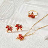 Vintage Maple Leaf Three-Piece Jewelry Set - Necklace, Earrings and Ring in Gold and Red Zircon
