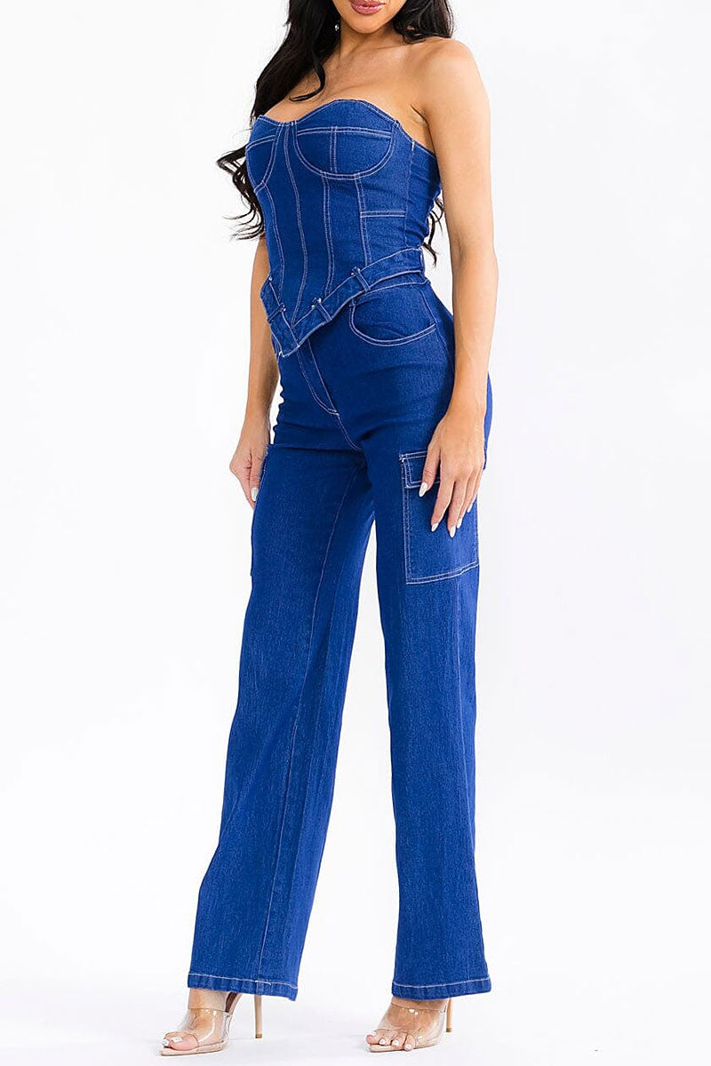 Denim Corset with Wide Leg Cargo pant - 2 PC Set (Pack of 6)
