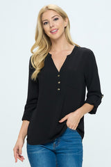 Solid 3/4 Sleeve Henley Necked Blouse with Gold Buttons (Pack of 6)