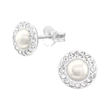 Silver Round Ear Studs with Imitation Pearl and Crystal