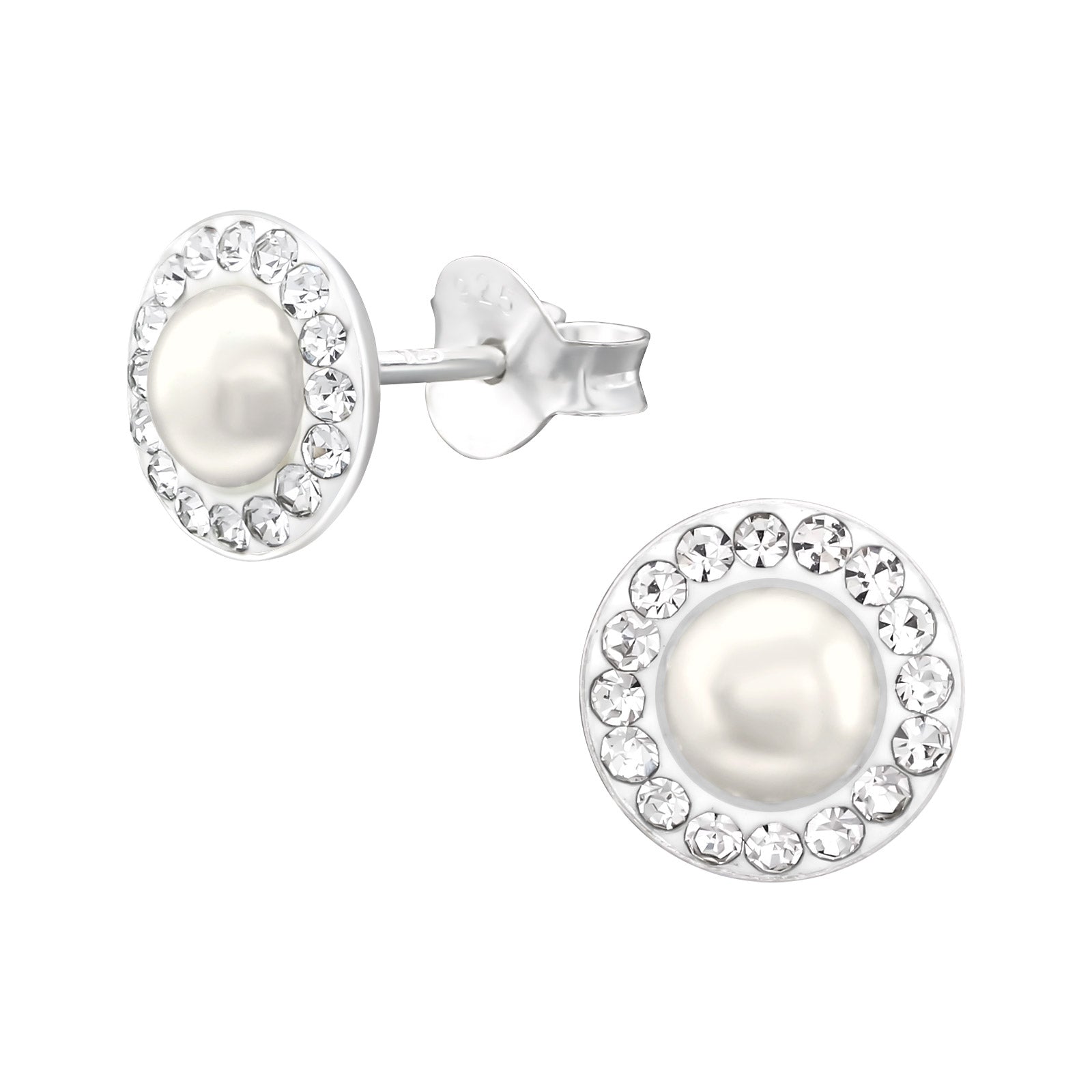 Silver Round Ear Studs with Imitation Pearl and Crystal