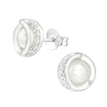 Silver Circle Ear Studs with Cubic Zirconia and Imitation Pearl