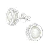 Silver Circle Ear Studs with Cubic Zirconia and Imitation Pearl