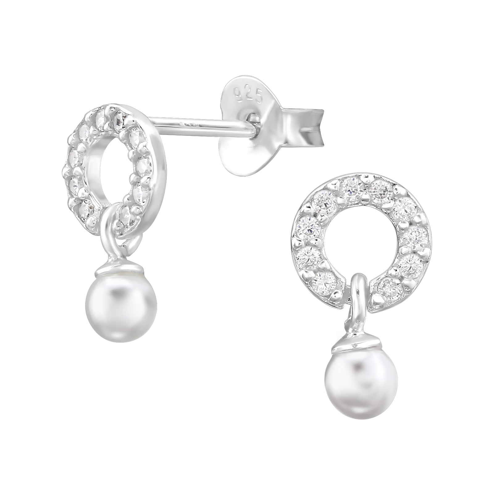 Circle Sterling Silver Ear Studs with Cubic Zirconia and Imitation Pearl