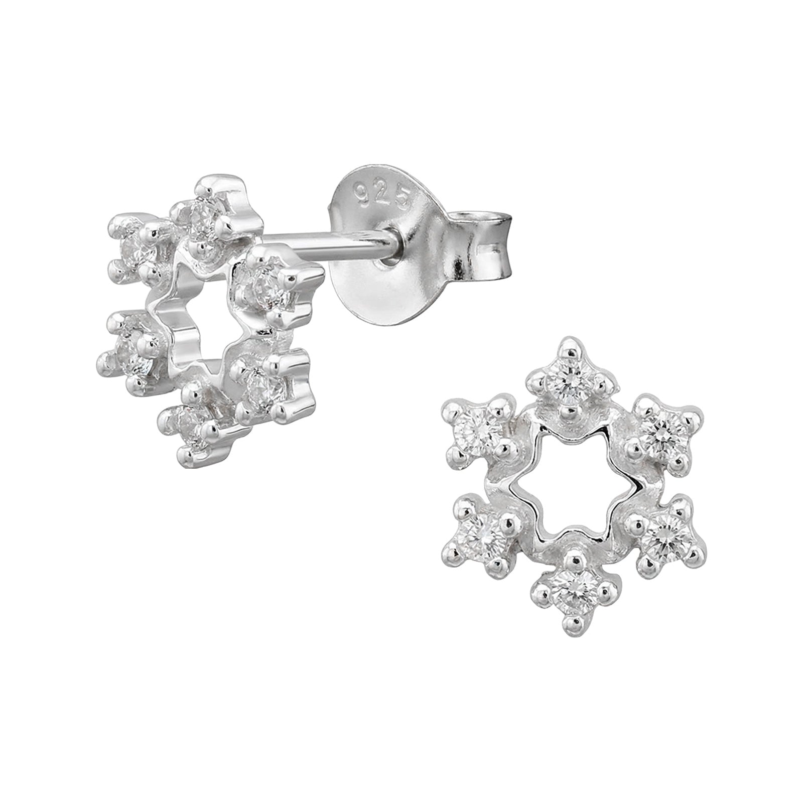 Six-Point Snowflake Open Center Sterling Silver Ear Studs with Cubic Zirconia (Pack of 3)