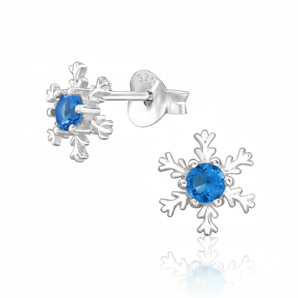 Snowflake Sterling Silver Ear Studs with CZ Swiss Blue Topaz (Pack of 3)