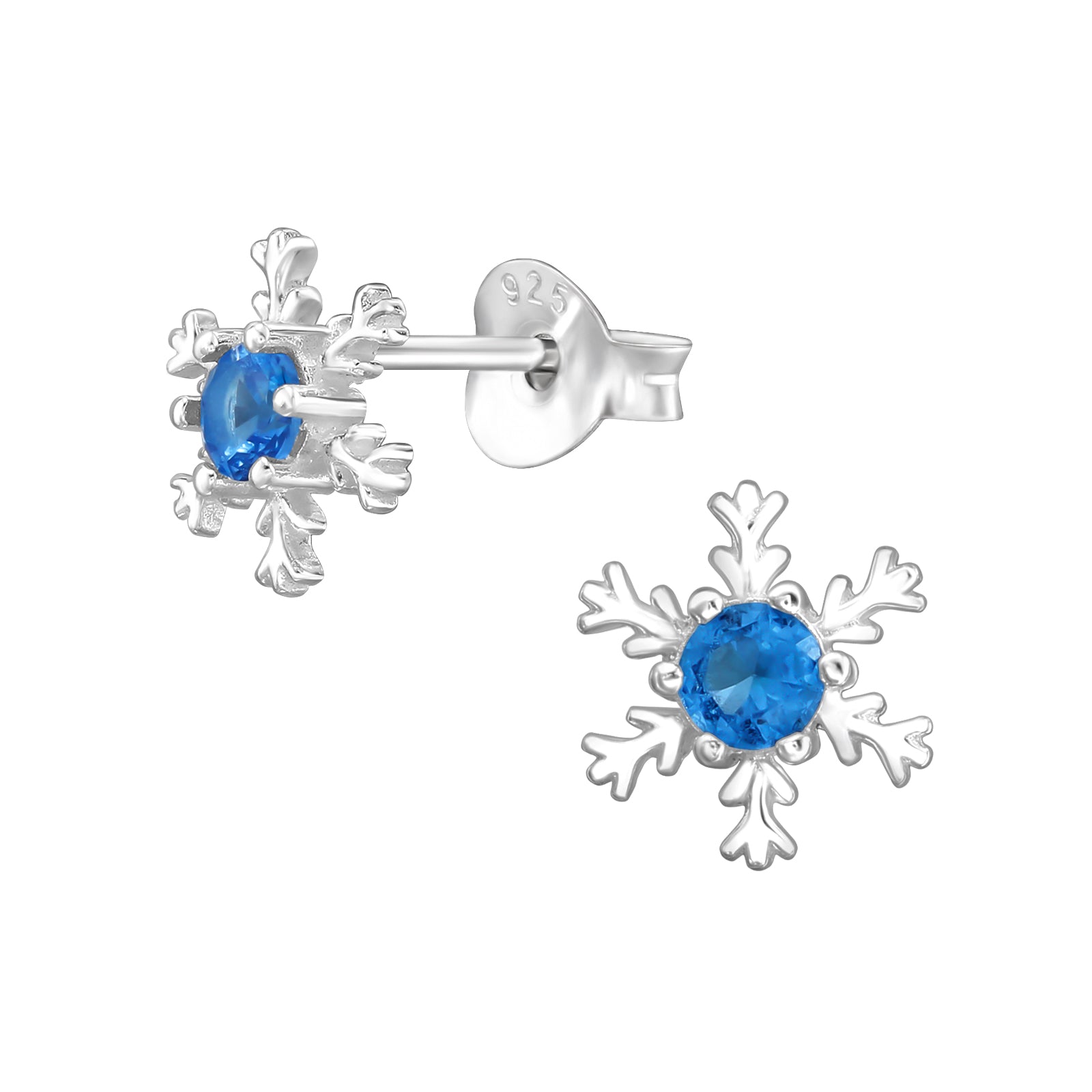 Snowflake Sterling Silver Ear Studs with CZ Swiss Blue Topaz