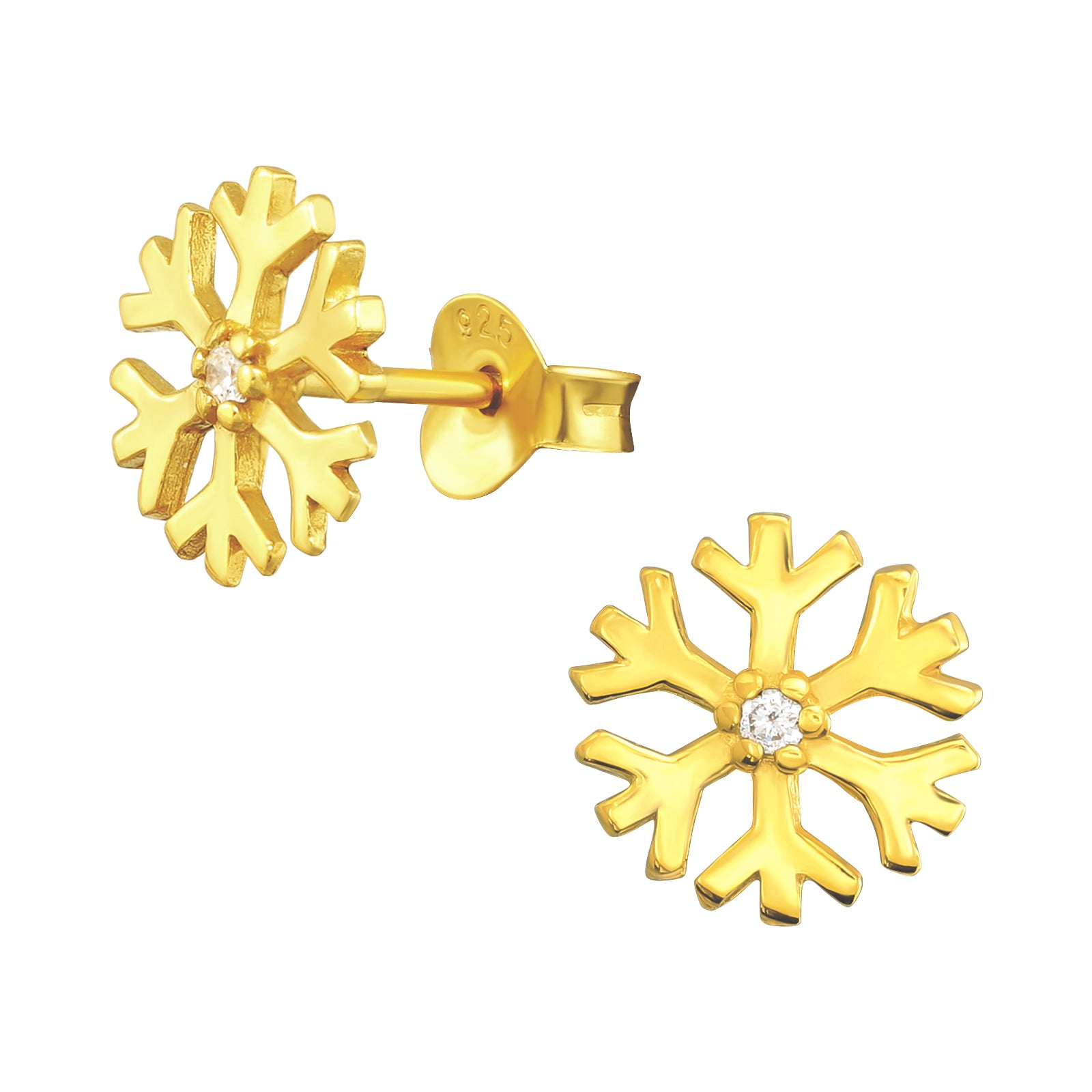Gold Plated Silver Snowflake Ear Studs with Cubic Zirconia