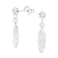 Platinum Plated Crystal Feather Drop Sterling Silver Ear Studs