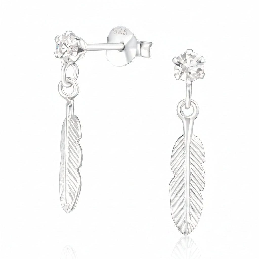 Platinum Plated Crystal Feather Drop Sterling Silver Ear Studs