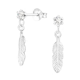 Platinum Plated Crystal Feather Drop Sterling Silver Ear Studs