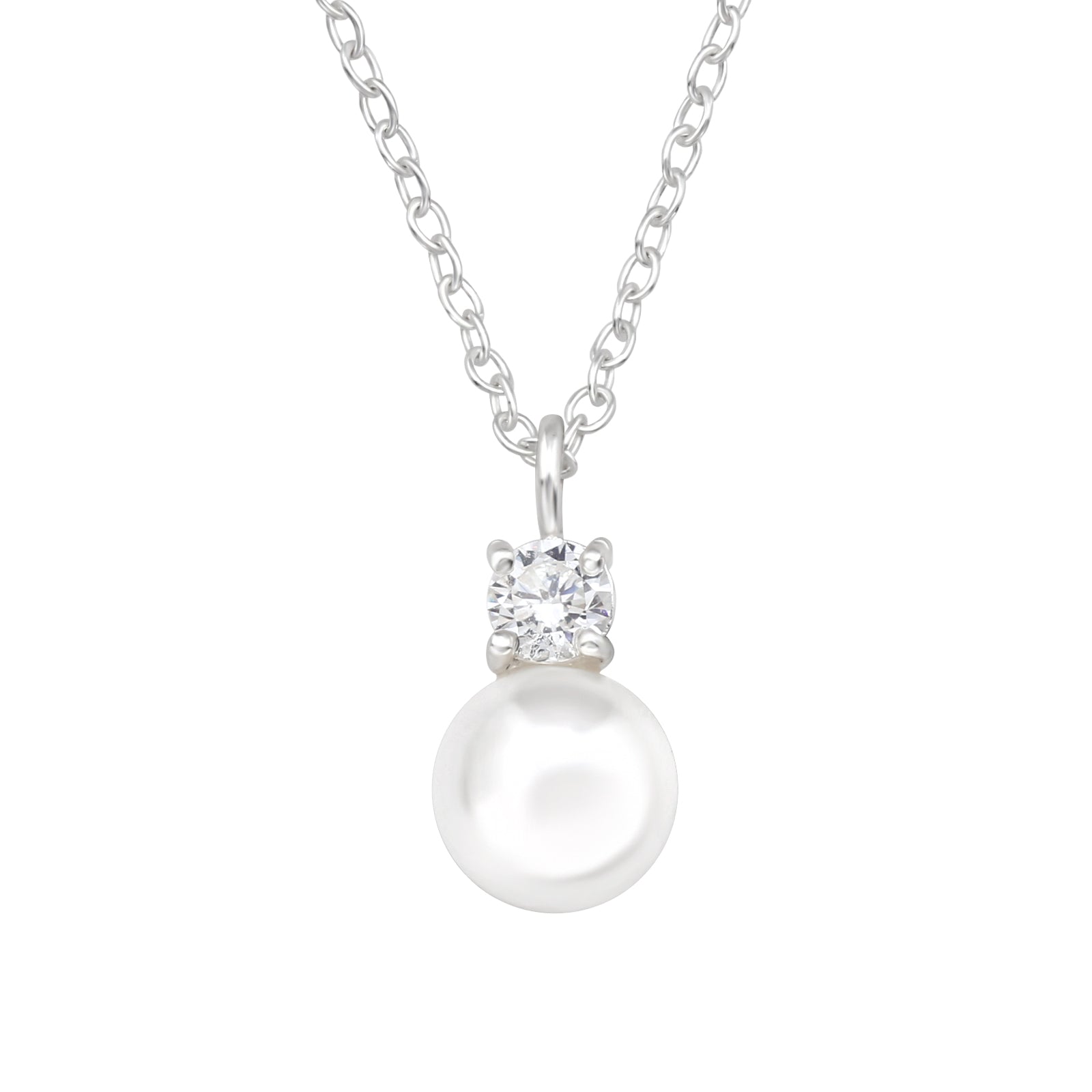 Round Sterling Silver Necklace with Cubic Zirconia and Imitation Pearl