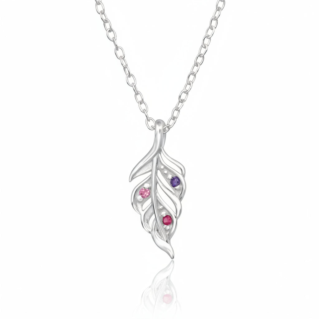 Leaf Sterling Silver Necklace with Rainbow Cubic Zirconia