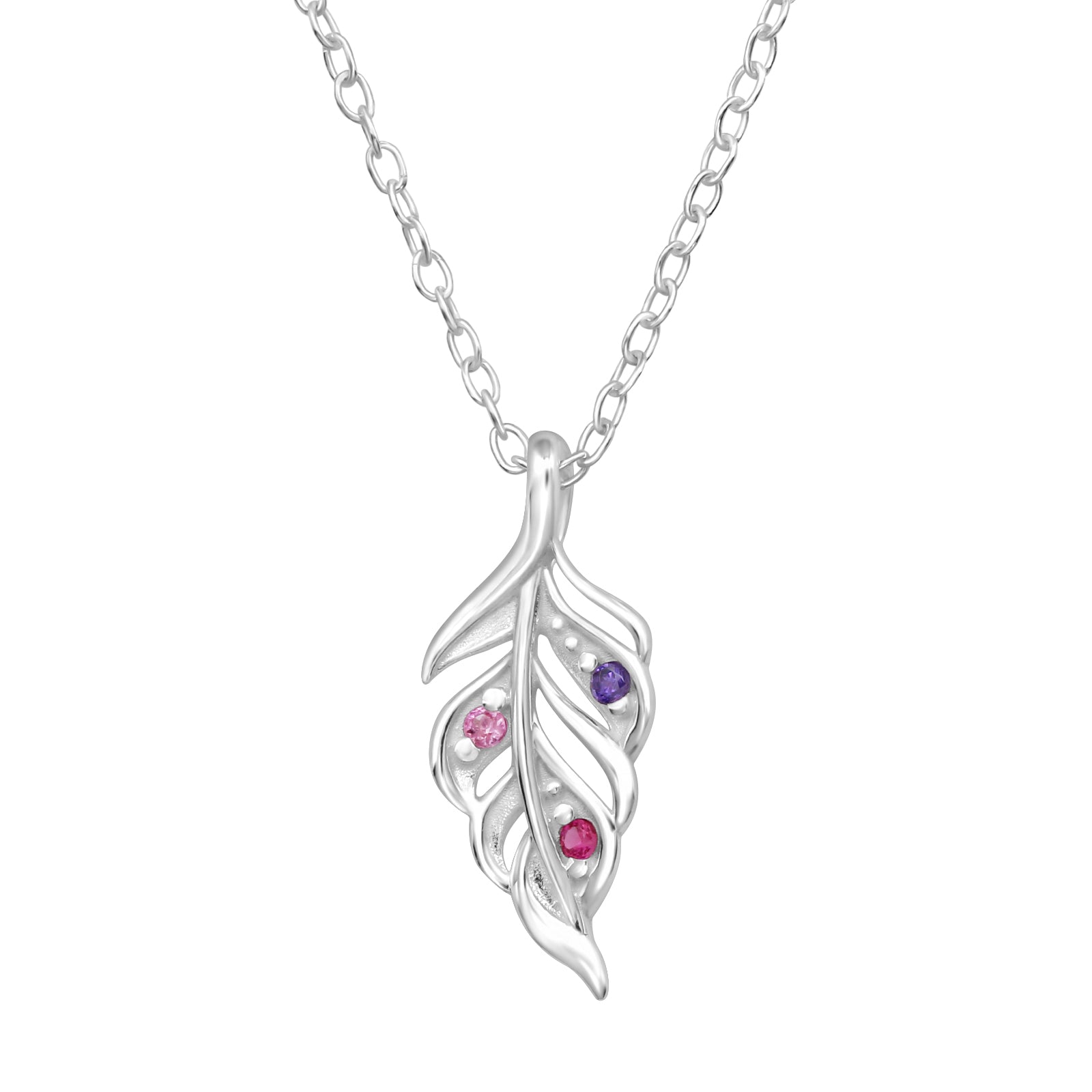 Leaf Sterling Silver Necklace with Rainbow Cubic Zirconia