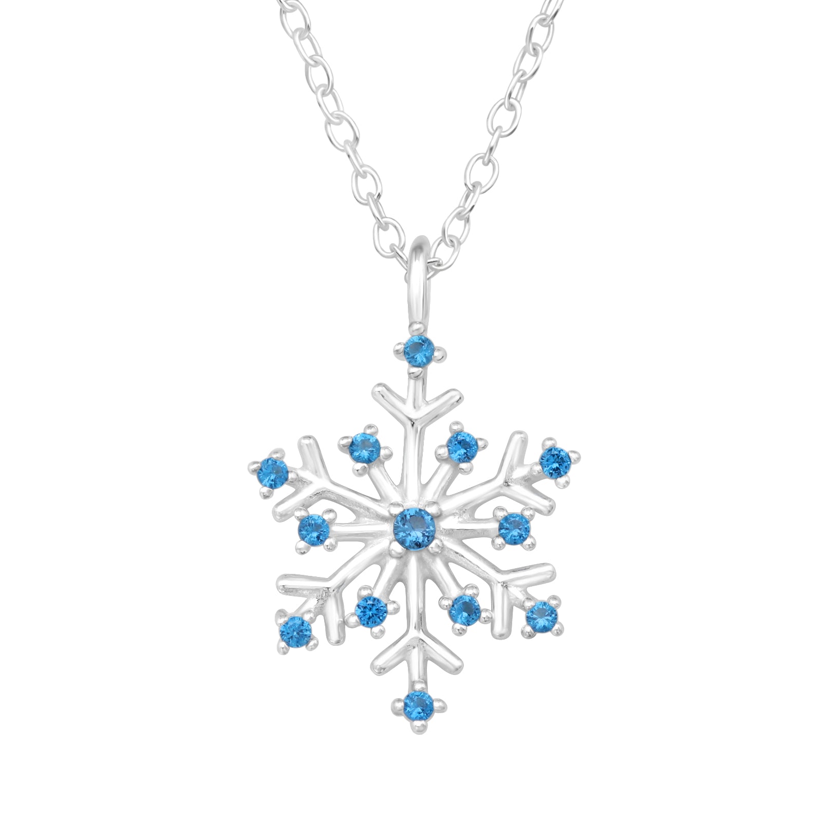 Snowflake Sterling Silver Necklace with CZ Swiss Blue Topaz