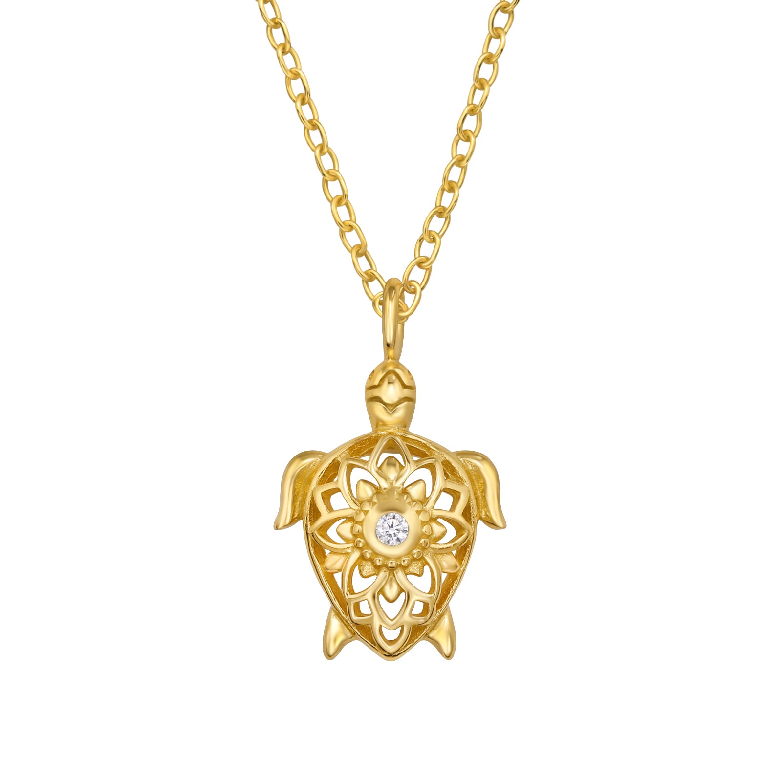 Gold turtle mandala pendant necklace with crystal centre