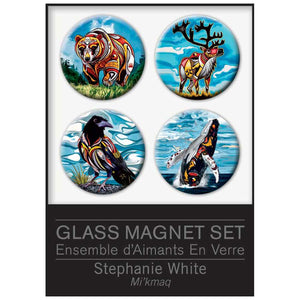 Stephanie White Glass Magnet Set - front, featuring Spirit Bear, Spirit Caribou, Spirit Crow, Spirit Whale