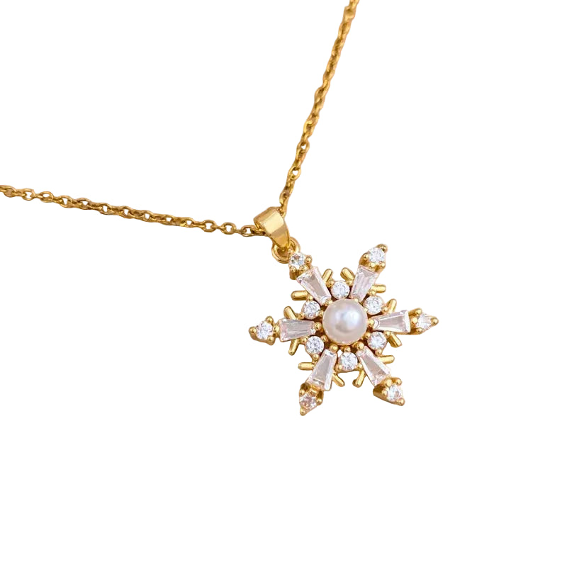 Titanium Steel Pearl Snowflake Necklace in gold