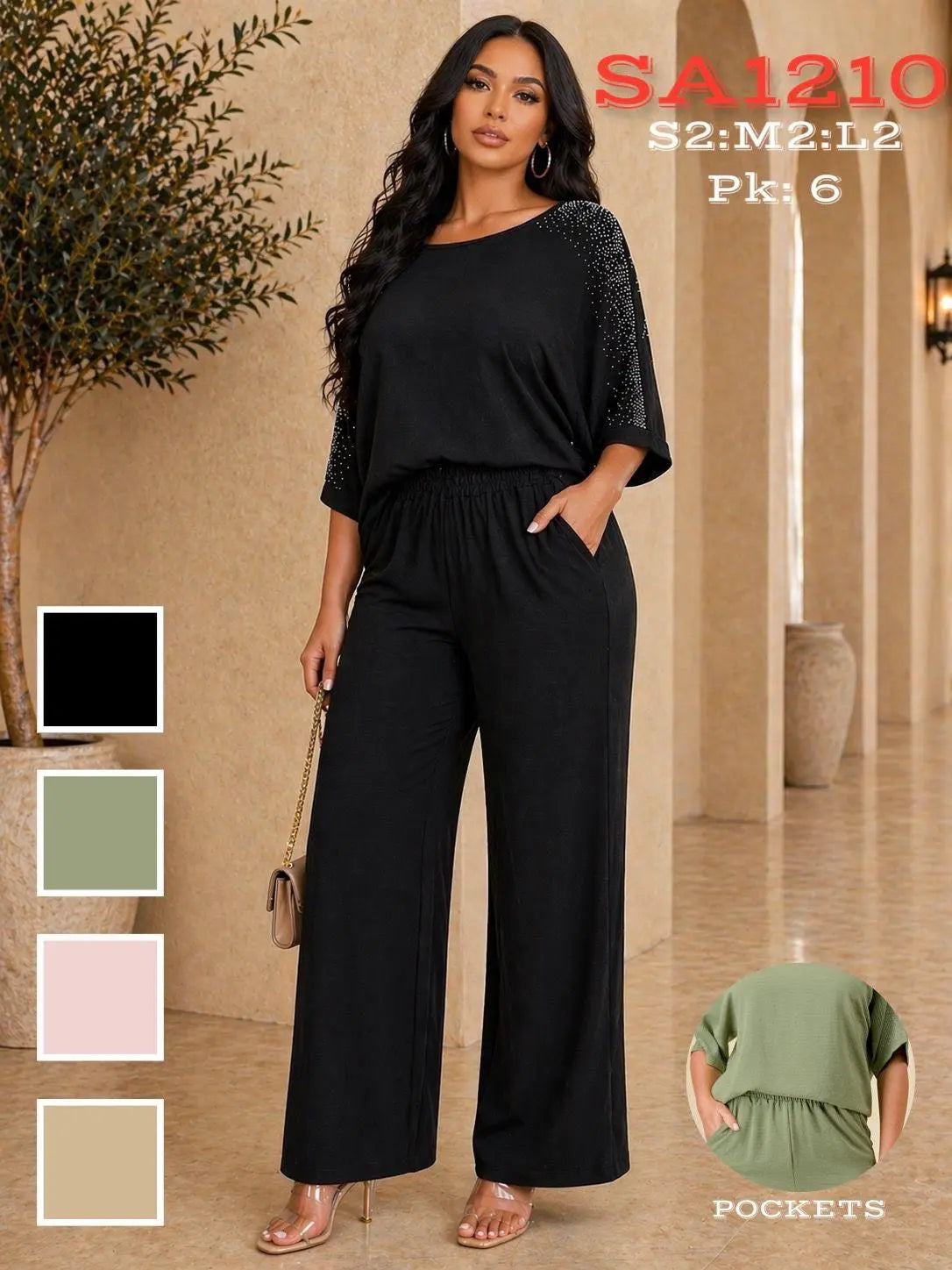 Rhinestone 3/4 sleeve 2PC Set (Pack of 6)