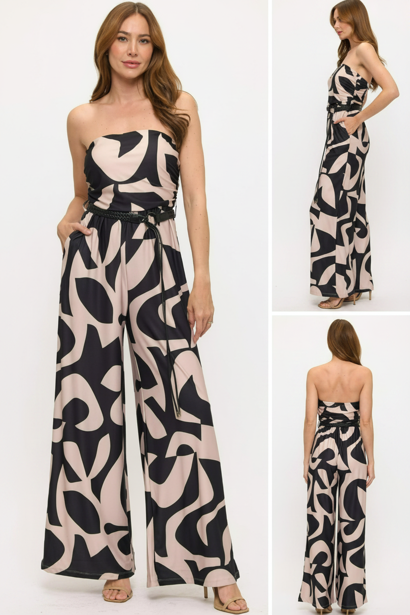 Abstract Print Strapless Jumpsuit