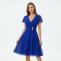 Chiffon Wrap Midi Dress with Flutter Sleeves and Rhinestone Brooch