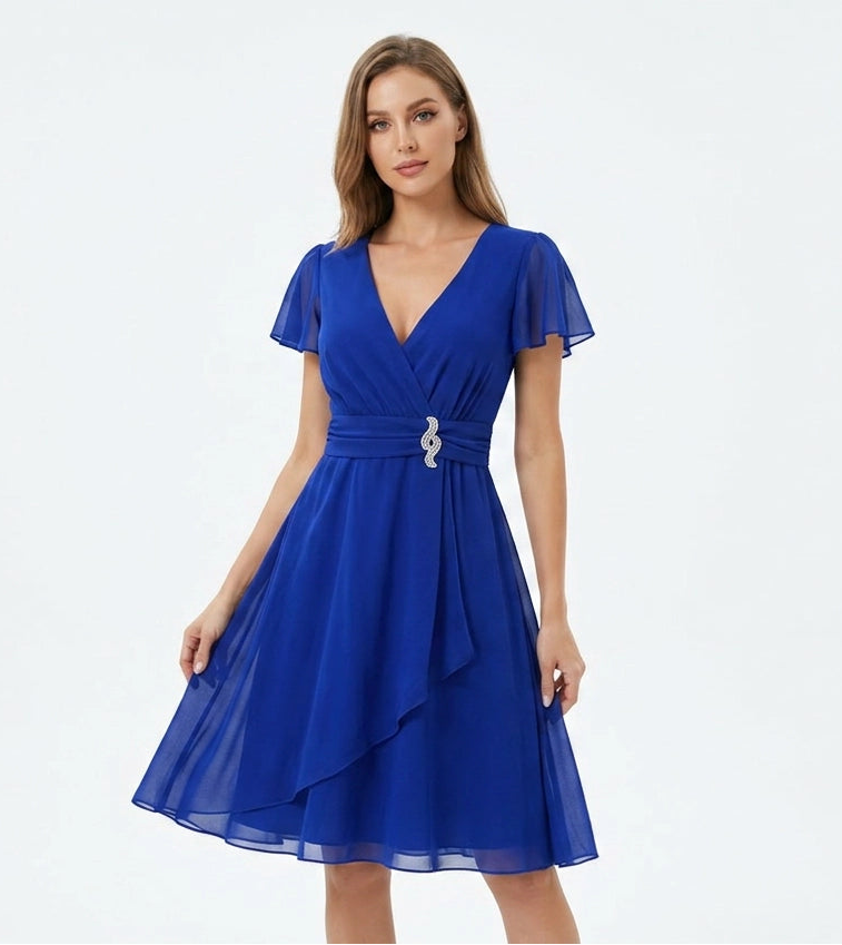 Chiffon Wrap Midi Dress with Flutter Sleeves and Rhinestone Brooch