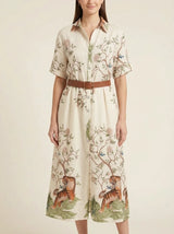 Tiger Botanical Print Belted Shirt Midi Dress