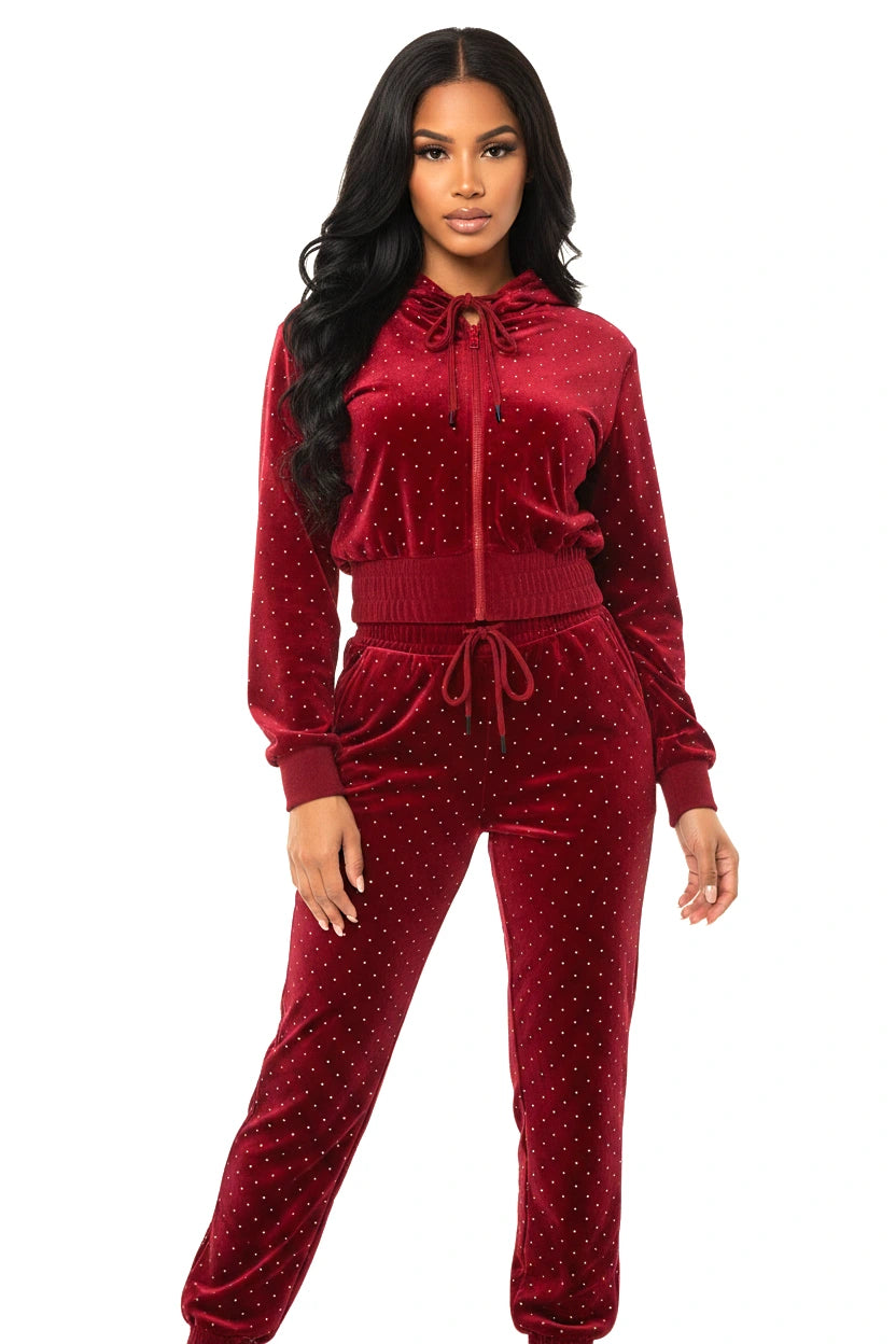 Rhinestone Velour 2-Piece Tracksuit Set